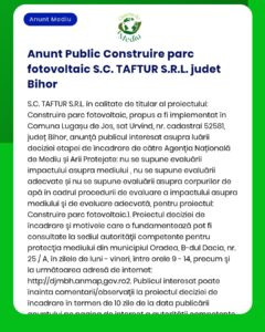 APM anunță decizia etapei de încadrare pentru proiectul 'Construire parc fotovoltaic' propus de SC TAFTUR SRL județul Bihor
