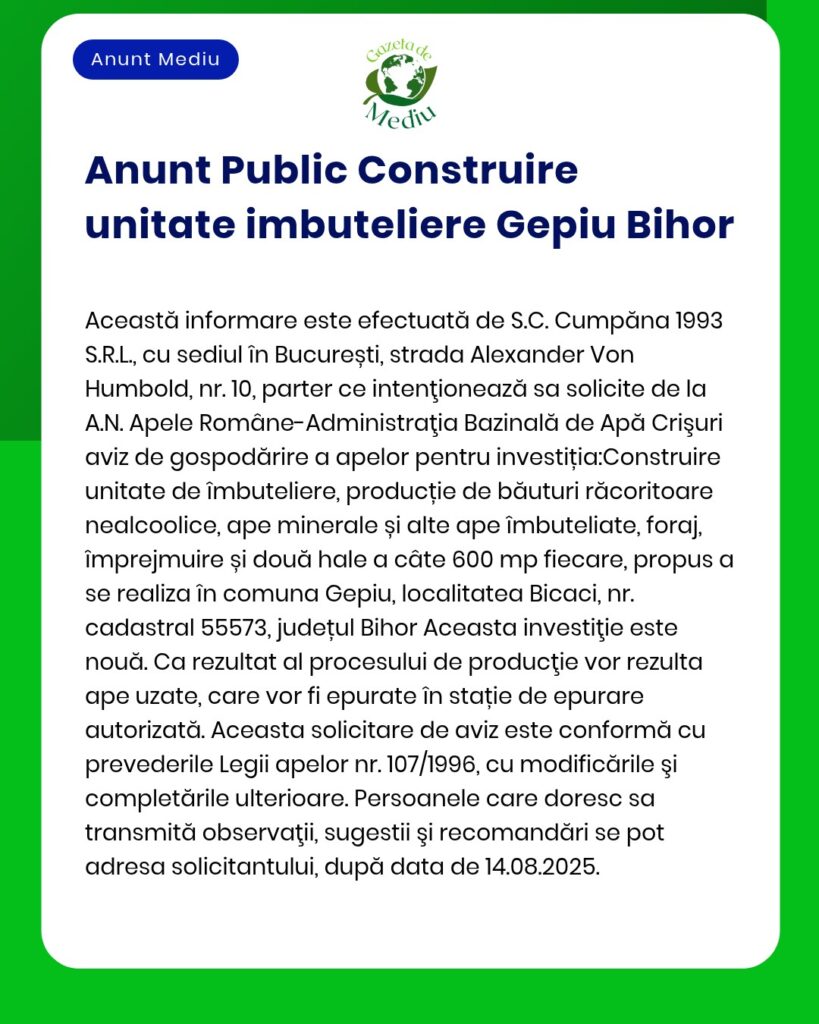 APM Bihor anunță depunerea solicitării de emitere a acordului de mediu pentru proiectul construire unitate îmbuteliere băuturi în Gepiu jud Bihor