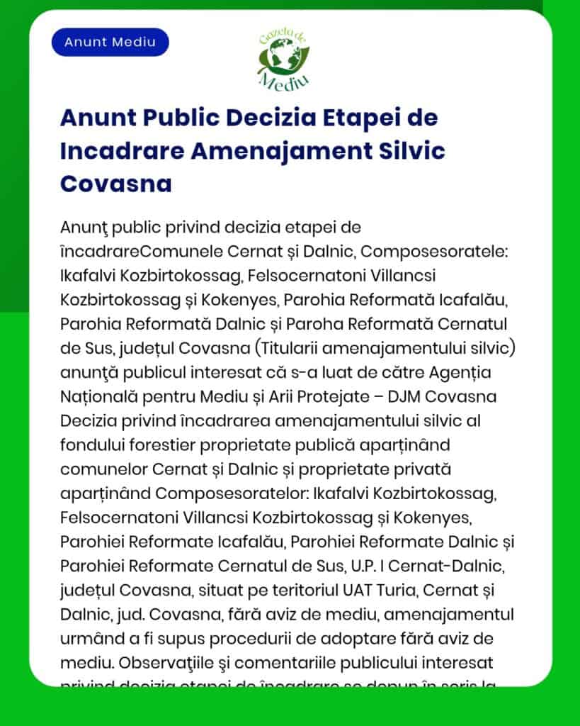 APM Covasna anunță decizia referitoare la amenajamentul silvic pentru comunele Baraolt Bățanii Mari Zăbala Brateș sunt menționate persoane fizice și unități administrativ teritoriale