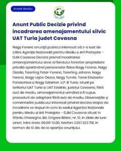 APM Covasna anunță luarea deciziei privind evaluarea impactului asupra mediului pentru amenajamentul silvic unitatea de producție Turia persoanele afectate fiind enumerate în anunț
