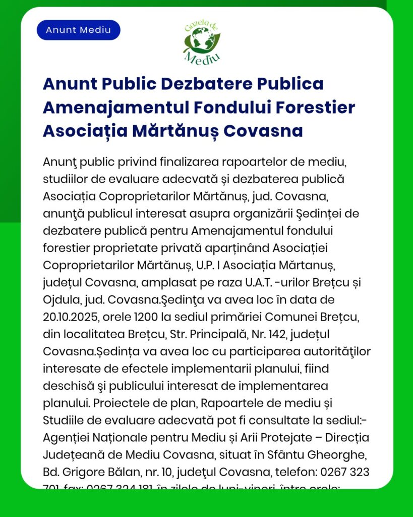 Dezbatere publică privind Planul de management al fondului forestier în Covasna organizator și detalii eveniment