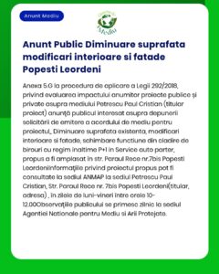 Reducere suprafață intervenții interioare și modificări fațadă la Popești Leordeni proceduri legale și evaluare de mediu în conformitate cu legislația în vigoare depuse spre analiză la APM