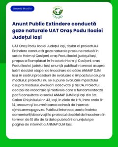 APM Iași anunță demararea procedurii de evaluare a impactului asupra mediului pentru proiectul de extindere rețea gaze naturale în satele Holmi și Coșteni județul Iași