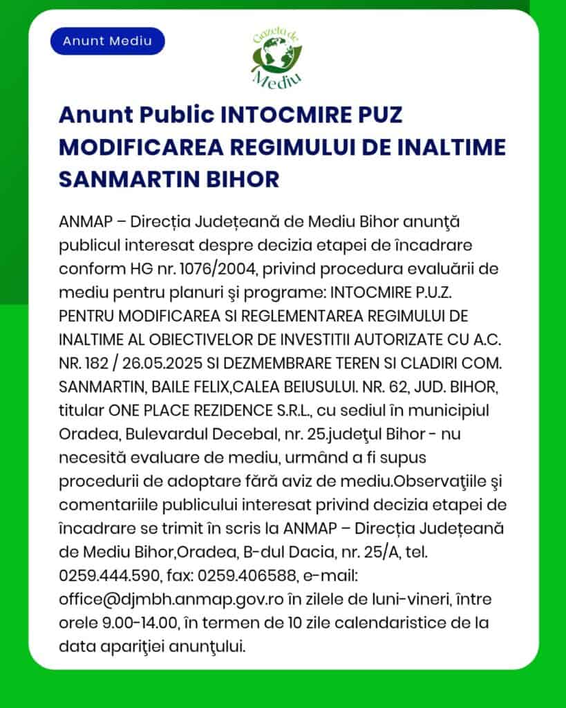 Solicitare pentru modificarea și reglementarea regimului de înălțime al clădirilor în zona Sânmartin