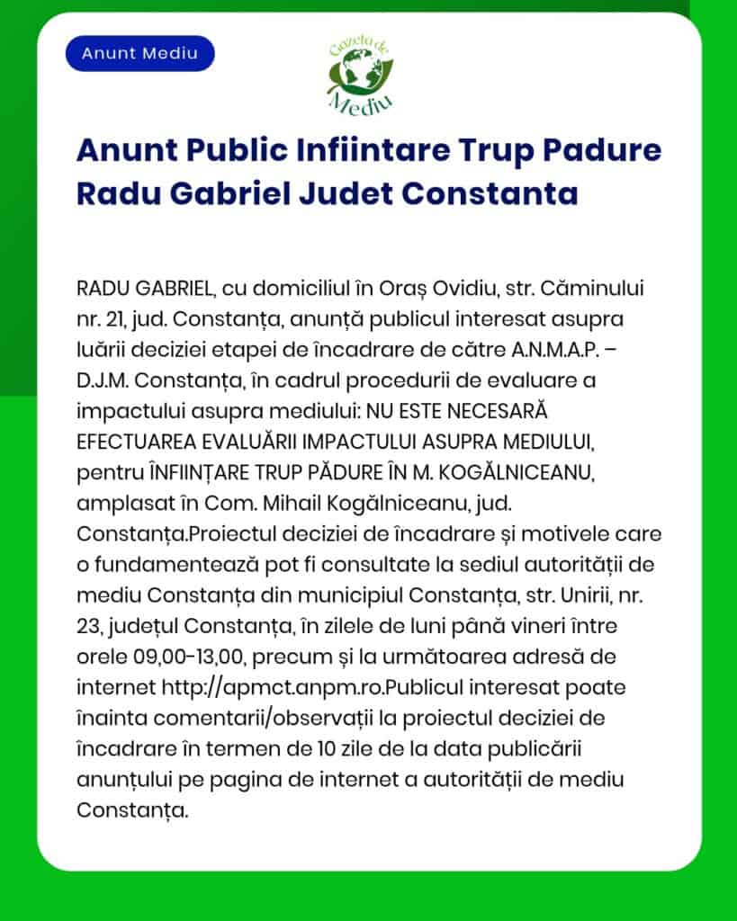 APM anunță că pentru constituirea unui corp de pădure în Constanța nu este necesară evaluarea impactului asupra mediului