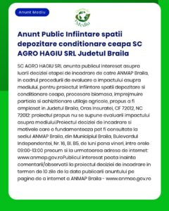SC AGRO HAGIU SRL anunță intenția realizării unui proiect pentru înființarea unor spații de depozitare condiționate în județul Brăila