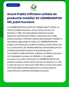 Se anunță înființarea unei unități de producție mobilier de către SC LEMNBUNSPOR SRL în județul Suceava