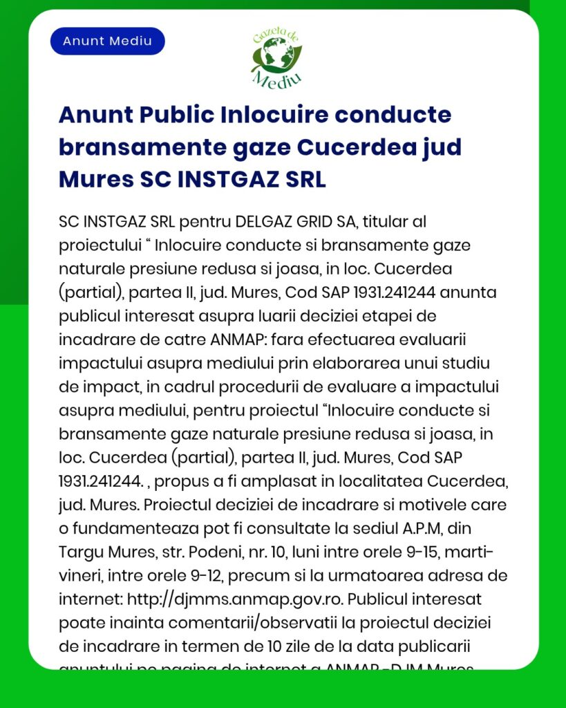 SC INSTGAZ SRL anunță înlocuirea conductelor de gaze naturale în comuna Cucerdea județul Mureș solicitând acord de mediu la APM