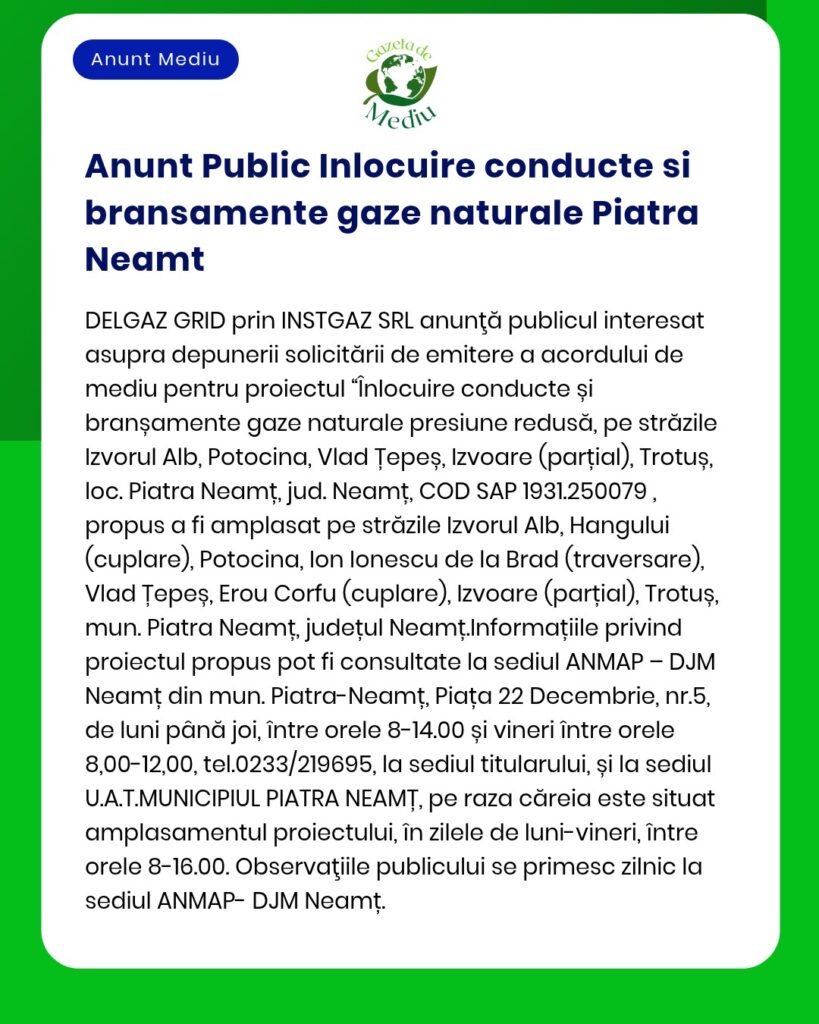 Înlocuire conducte gaze naturale pe strada X strada Y Piatra Neamț Titlul proiectului și titularul apar doar dacă sunt menționate exact în anunț