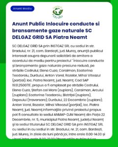 SC DELGAZ GRID SA anunță înlocuirea și cuplarea conductelor de gaze naturale în municipiul Piatra Neamț pe străzile menționate