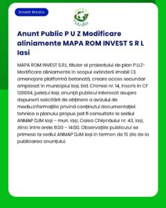 Anunț privind proiectul de modificare PUZ titular MAPA ROM INVEST SRL