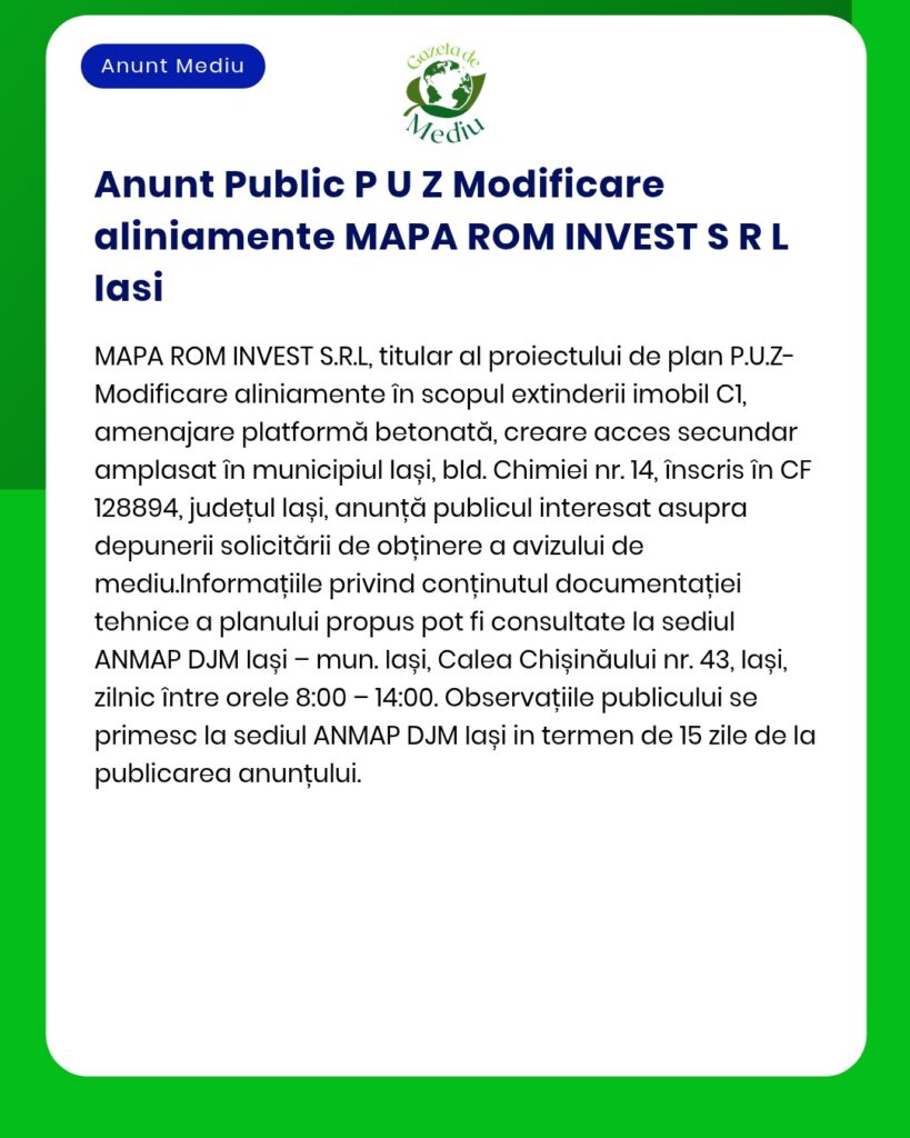Anunț privind proiectul de modificare PUZ titular MAPA ROM INVEST SRL