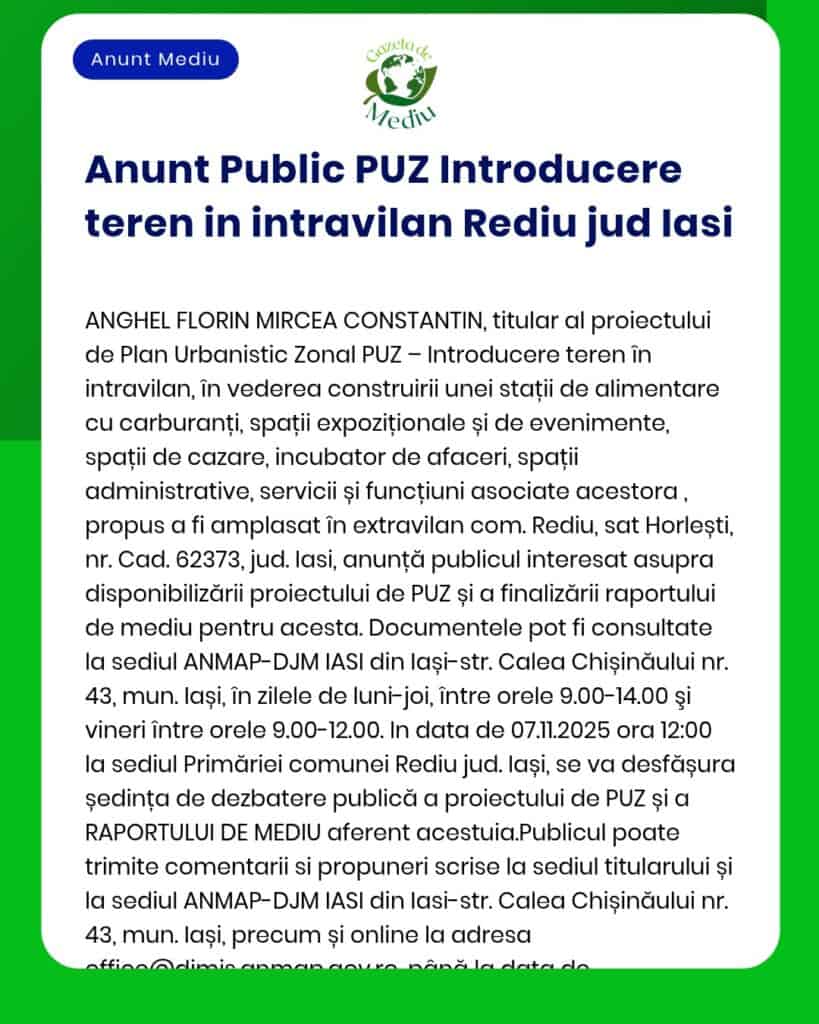 APM anunță elaborarea planului urbanistic zonal pentru introducerea terenului în intravilan UAT Rediu județul Iași