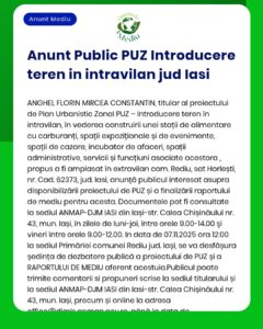 Anunț public privind elaborarea PUZ construire stație distribuție carburanți și alte funcțiuni în Rediu județul Iași