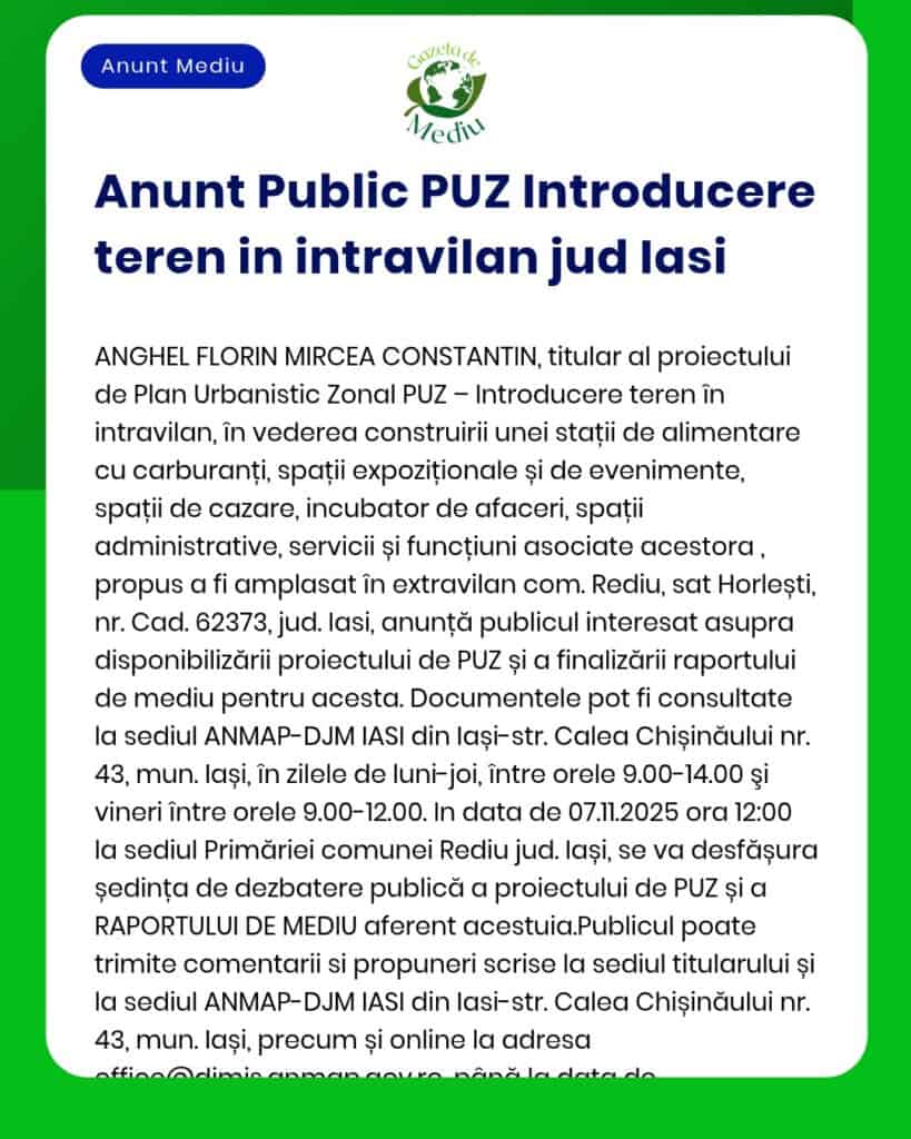Anunț public privind elaborarea PUZ construire stație distribuție carburanți și alte funcțiuni în Rediu județul Iași