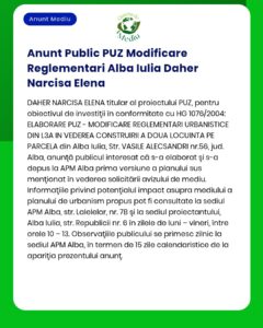 Anunț privind schimbarea reglementărilor de urbanism pentru un proiect de construcții rezidențiale în Alba Iulia și procesul de depunere a solicitărilor la APM