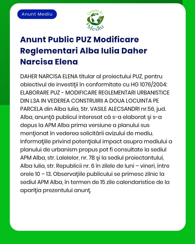 Anunț privind schimbarea reglementărilor de urbanism pentru un proiect de construcții rezidențiale în Alba Iulia și procesul de depunere a solicitărilor la APM