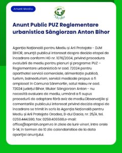Anunț public privind reglementarea urbanistică a proiectului Sângeorzan Anton Bihor