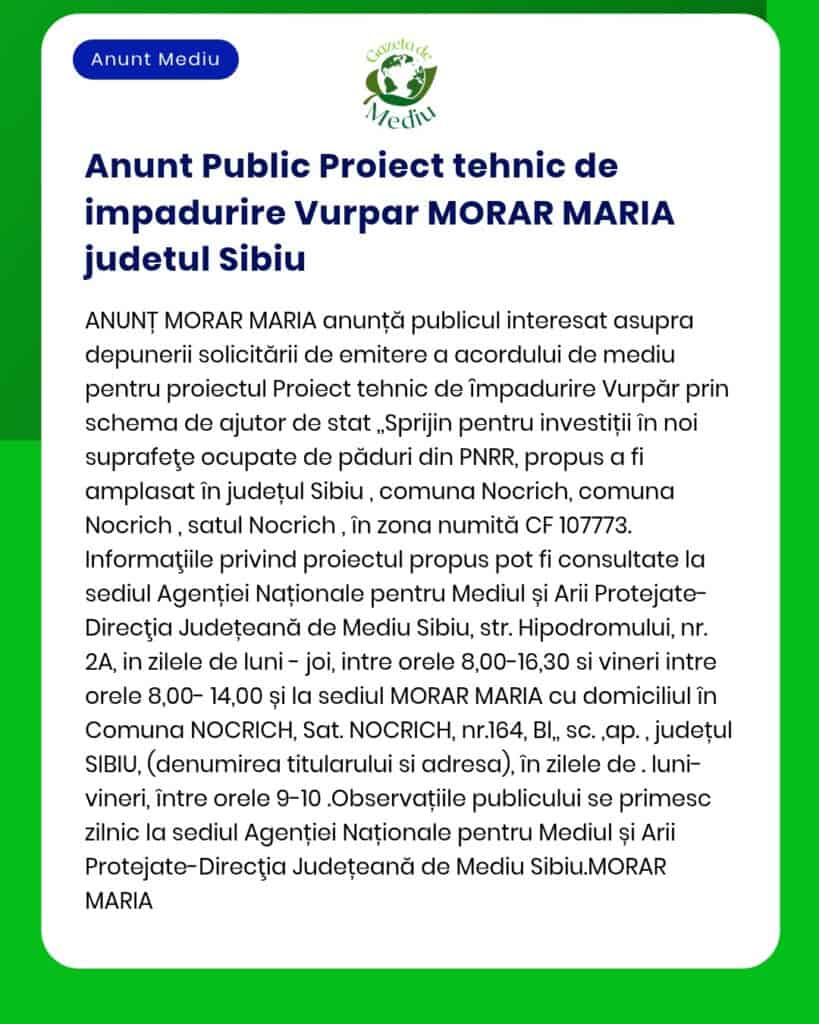 APM Sibiu anunță depunerea solicitării de emitere a acordului de mediu pentru proiectul amenajamentului silvic UP VII Varpar județul Sibiu