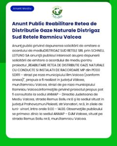 APM anunță depunerea solicitării de emitere a acordului de mediu pentru proiectul reabilitare rețea distribuție gaze naturale municipiul Râmnicu Vâlcea