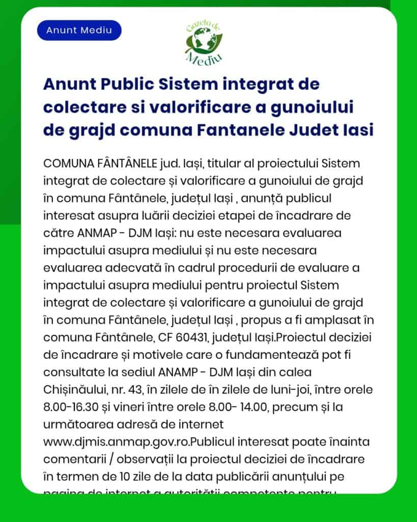 Sistem integrat de colectare și gestionare a deșeurilor în comuna Fântânele județul Iași