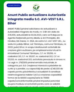 APM anunță solicitarea actualizării autorizațiilor integrate de mediu pentru SC AVI-VEST SRL Bihor conform prevederilor legale în vigoare