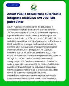 APM anunță actualizarea autorizației integrate de mediu pentru SC AVI VEST SRL în județul Bihor