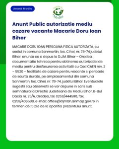 Anunț public privind solicitarea acordului de mediu pentru construirea unei pensiuni în județul Bihor Informații suplimentare disponibile la sediul APM