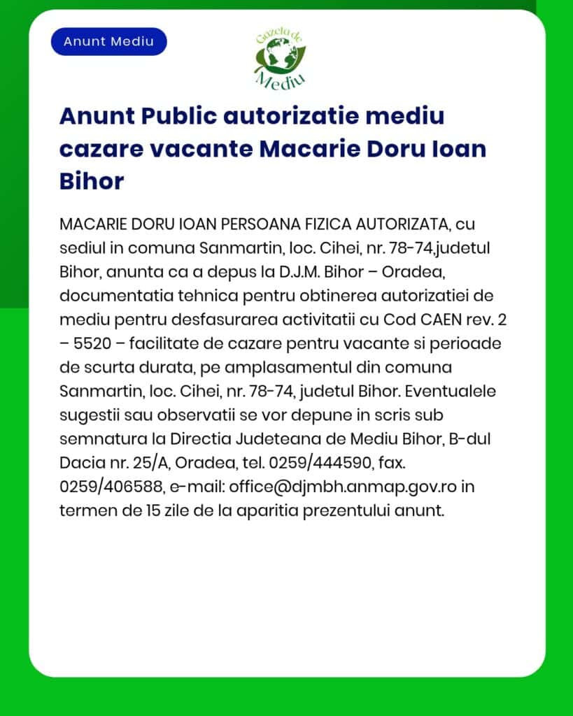 Anunț public privind solicitarea acordului de mediu pentru construirea unei pensiuni în județul Bihor Informații suplimentare disponibile la sediul APM
