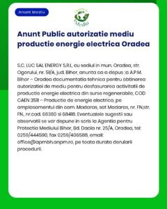 APM anunță depunerea solicitării de emitere a acordului de mediu pentru proiectul construire centrală electrică de producere energie electrică în Oradea