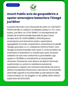 SC CAPITALIST PRODCOM SRL solicită de la APM aprobarea pentru gospodărirea apelor pentru exploatarea unui perimetru de balastieră în comuna Tileagd județul Bihor