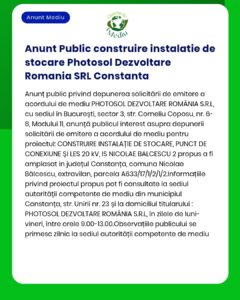 PHOTOSOL DEZVOLTARE ROMÂNIA SRL anunță intenția realizării unui depozit în municipiul Constanța