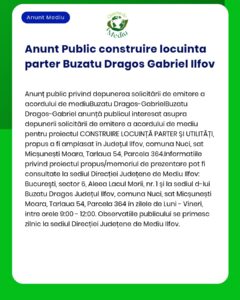 Se anunță depunerea solicitării de emitere a acordului de mediu pentru proiectul de construire locuințe colective în județul Ilfov Informații despre documentația depusă pot fi consultate la APM