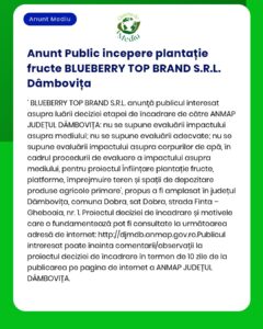 APM anunță că nu este necesară evaluarea impactului asupra mediului pentru proiectul înființare plantație pomicolă în județul Dâmbovița