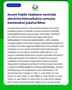 APM a emis acord de mediu pentru realizarea centralei electrice fotovoltaice în comuna Sântandrei județul Bihor