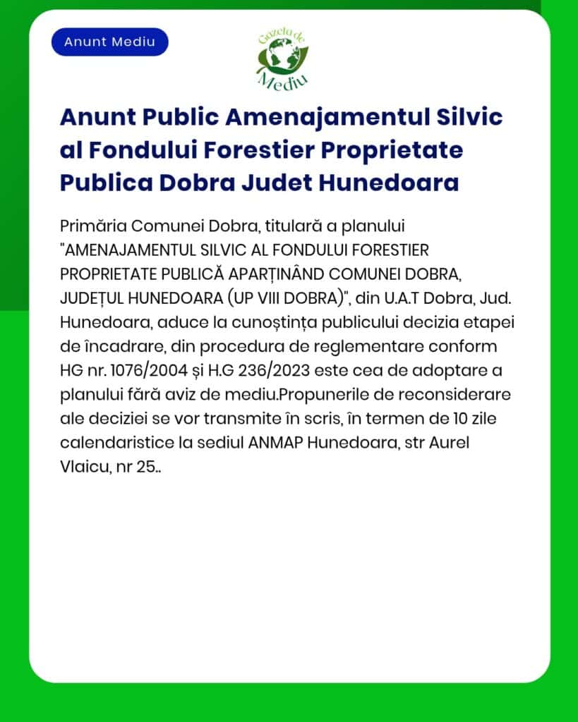 Anunt Public Amenajamentul Silvic al Fondului Forestier Proprietate Pu