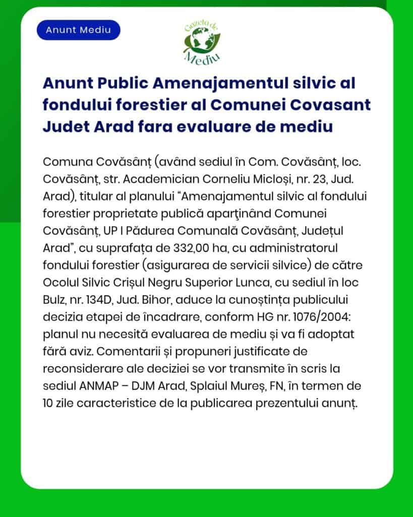 Anunt Public Amenajamentul silvic al fondului forestier al Comunei Cov