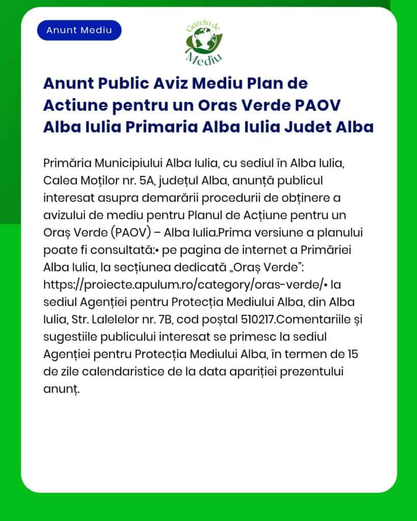 Anunt Public Aviz Mediu Plan de Actiune pentru un Oras Verde PAOV Alba
