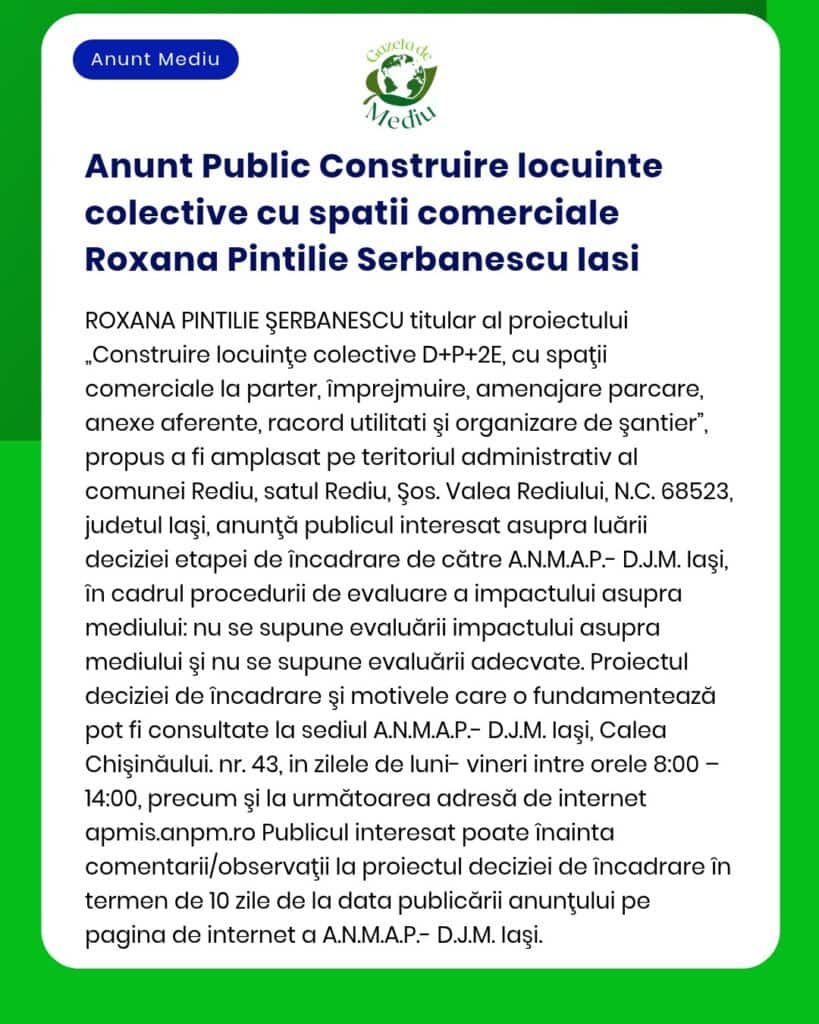 Anunt Public Construire locuinte colective cu spatii comerciale Roxana
