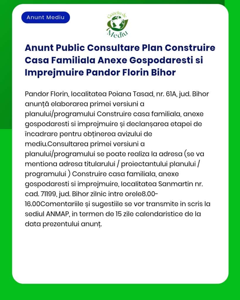 Anunt Public Consultare Plan Construire Casa Familiala Anexe Gospodare