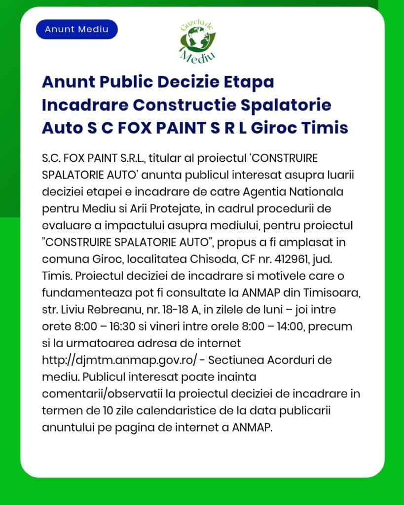 Anunt Public Decizie Etapa Incadrare Constructie Spalatorie Auto S C F