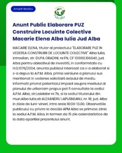 Anunt Public Elaborare PUZ Construire Locuinte Colective Macarie Elena