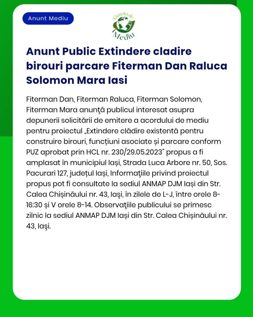 Anunt Public Extindere cladire birouri parcare Fiterman Dan Raluca Sol