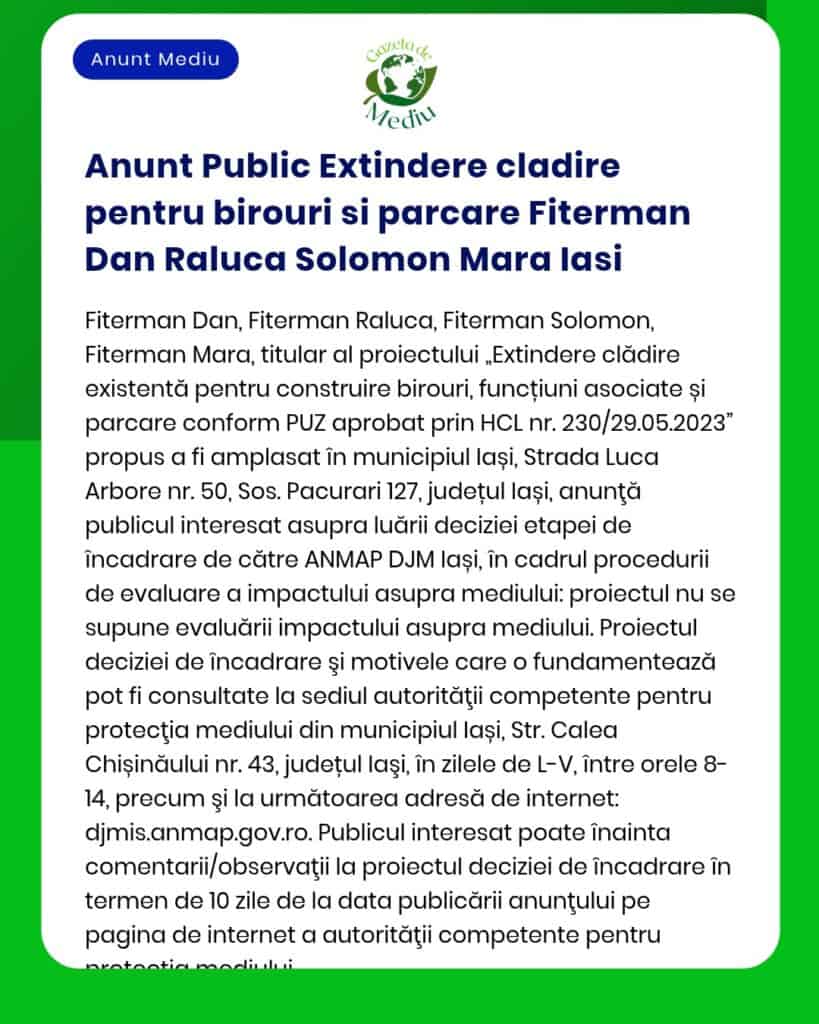 Anunt Public Extindere cladire pentru birouri si parcare Fiterman Dan