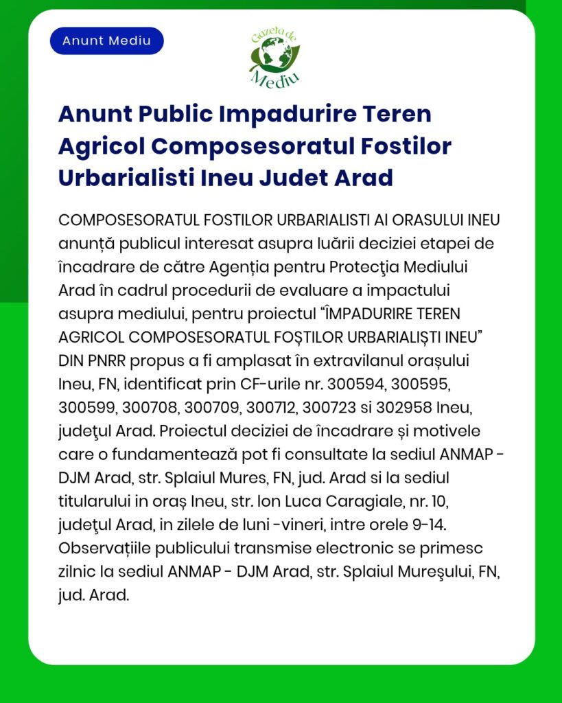Anunt Public Impadurire Teren Agricol Composesoratul Fostilor Urbarial
