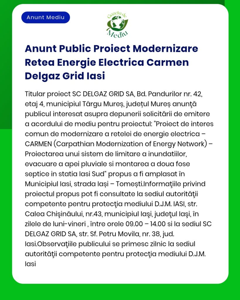 Anunt Public Proiect Modernizare Retea Energie Electrica Carmen Delgaz