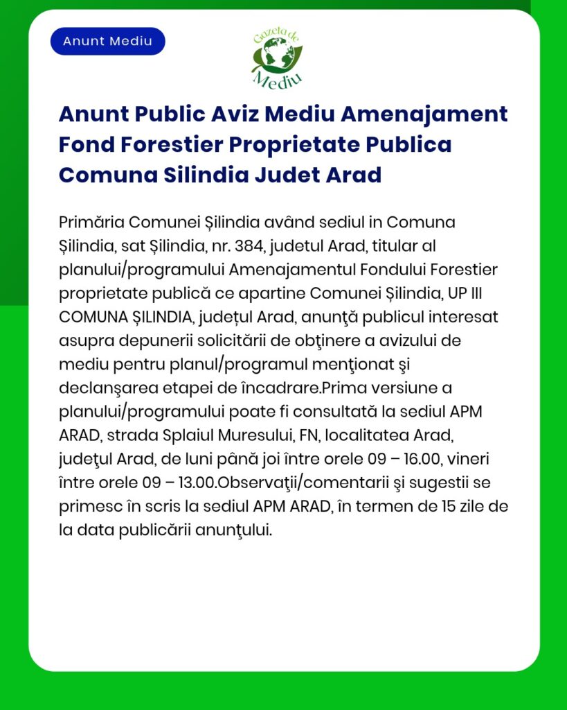 Anunt Public Aviz Mediu Amenajament Fond Forestier Proprietate Publica