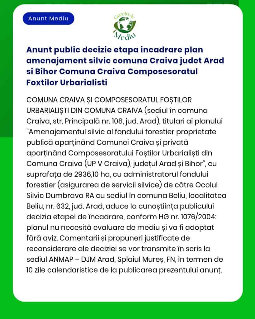 Anunt public decizie etapa incadrare plan amenajament silvic comuna Cr