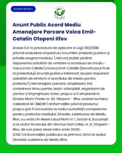 APM Ilfov anunță decizia de emitere a acordului de mediu pentru proiectul 'Construire parcare autoturisme' propus a fi amplasat în orașul Otopeni jud Ilfov titular [numele titularului]
