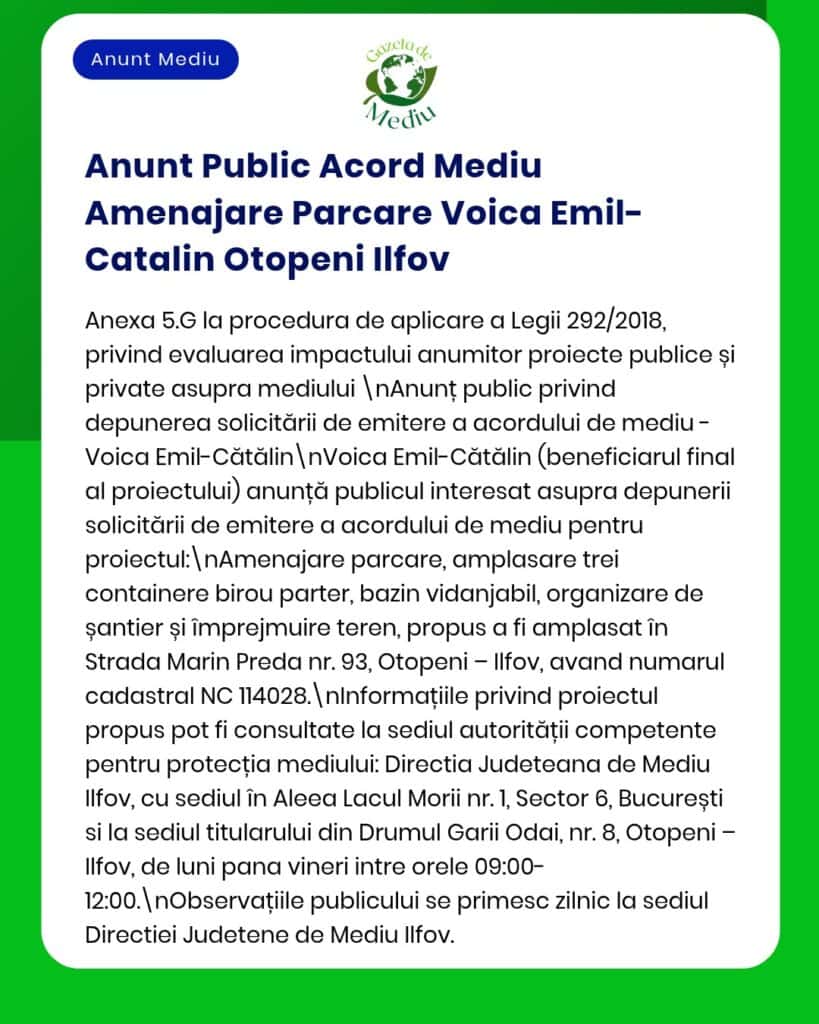 APM Ilfov anunță decizia de emitere a acordului de mediu pentru proiectul 'Construire parcare autoturisme' propus a fi amplasat în orașul Otopeni jud Ilfov titular [numele titularului]